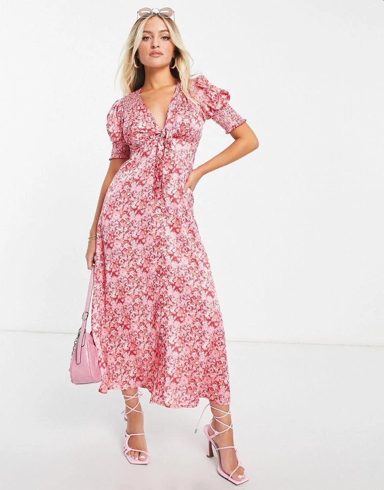 商品River Island Petite|River Island Petite ditsy floral tie front midi dress in red,价格¥133,第4张图片详细描述