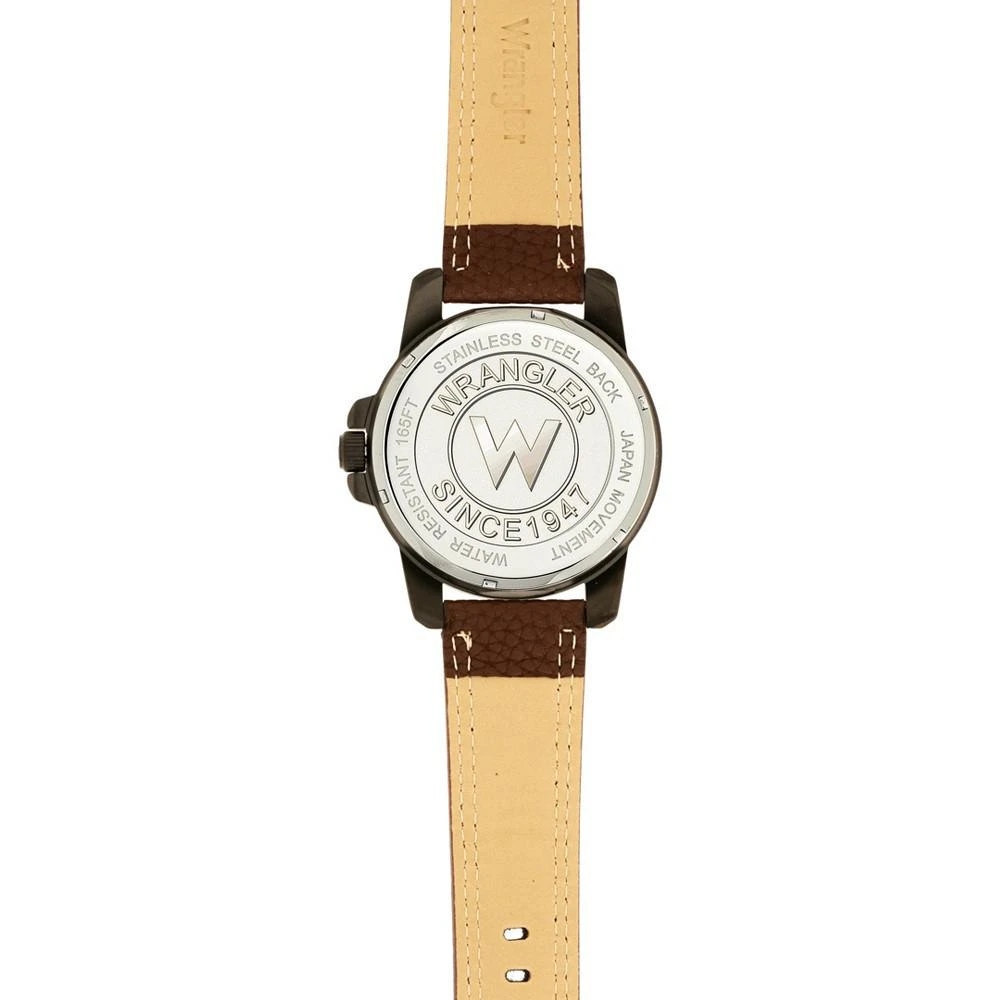 商品Wrangler|Men's Watch, 46MM IP Black Sandblasted Case and Bezel, Black Dial, White and Beige Index Markers, Dual Crescent Cutouts For Date Function, Analog Watch with Beige Second Hand, Brown Strap,价格¥452,第4张图片详细描述