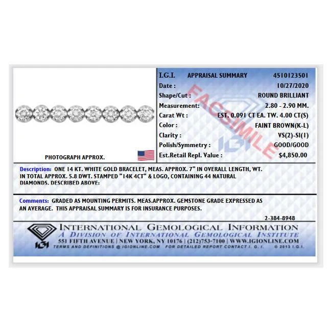 商品Vir Jewels|4 cttw VS2-SI1 IGI Certified Diamond Bracelet 14K White Gold Tennis Round 7 Inch,价格¥33272,第5张图片详细描述