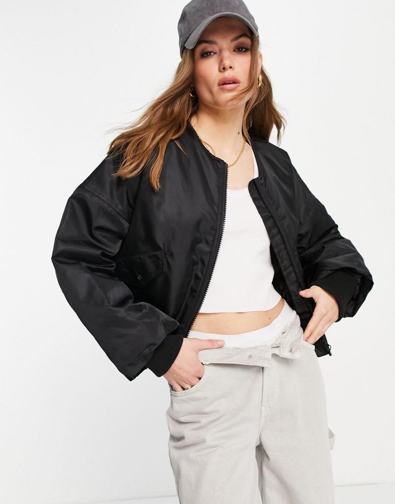 Topshop cropped collarless bomber jacket in black商品第1张图片规格展示