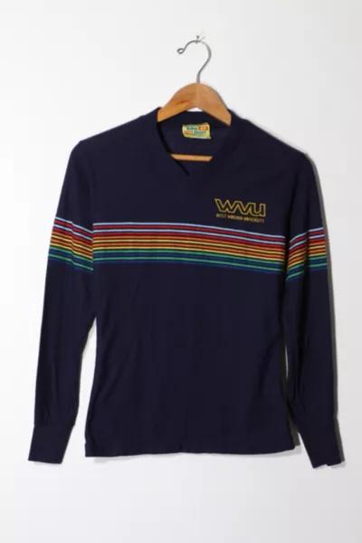 Vintage 1970s Embroidered Stripe West Virginia University V-Neck Long Sleeve T-shirt商品第1张图片规格展示