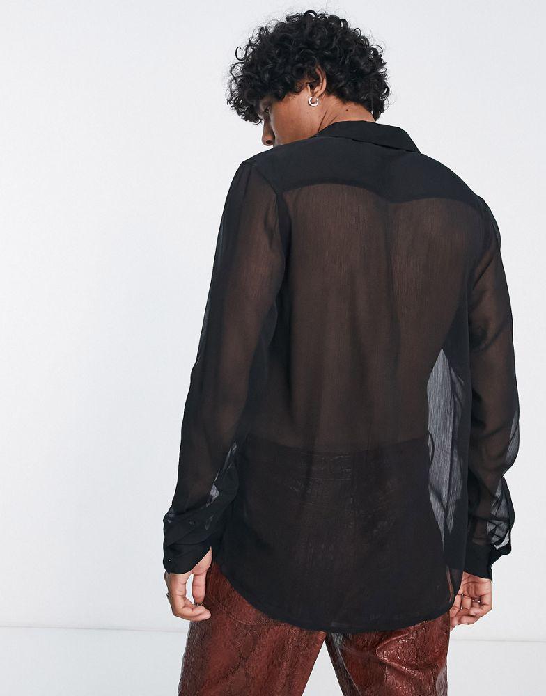 ASOS DESIGN longline sheer shirt with tie front fastening in black - BLACK商品第2张图片规格展示