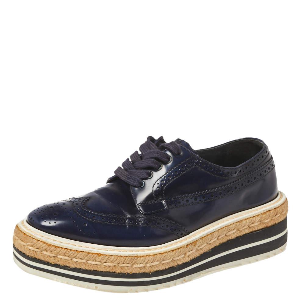 Prada Blue Brogue Leather Derby Lace Up Espadrille Sneakers Size 35.5商品第1张图片规格展示