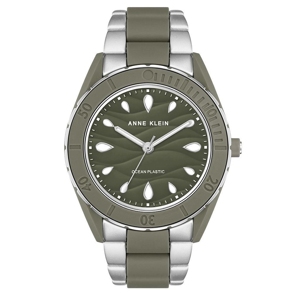 商品Anne Klein|Women's Three-Hand Quartz Silver-Tone and Olive Green Solar Oceanwork Plastic Bracelet Watch, 38.5mm,价格¥939,第1张图片