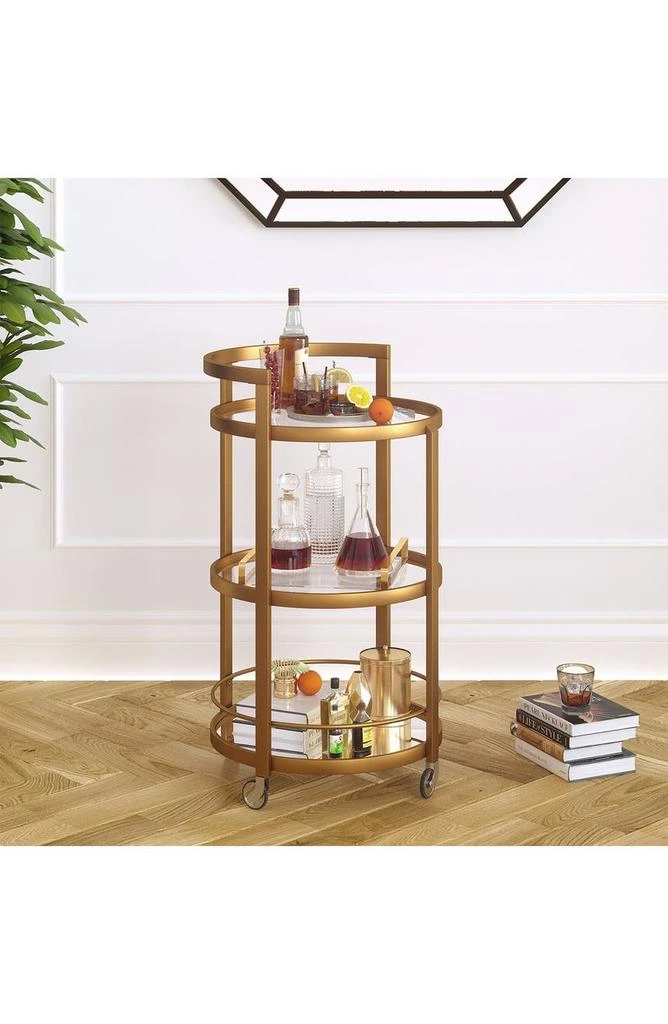 商品ADDISON AND LANE|Hause Round Brass Finish Bar Cart with Mirrored Shelf,价格¥1443,第2张图片详细描述