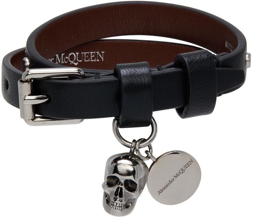 商品Alexander McQueen|Black & Silver Studded Wrap Bracelet,价格¥1789,第1张图片