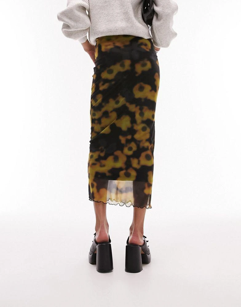 商品Topshop|Topshop jersey mesh photographic floral print midi skirt in black and yellow,价格¥263,第2张图片详细描述