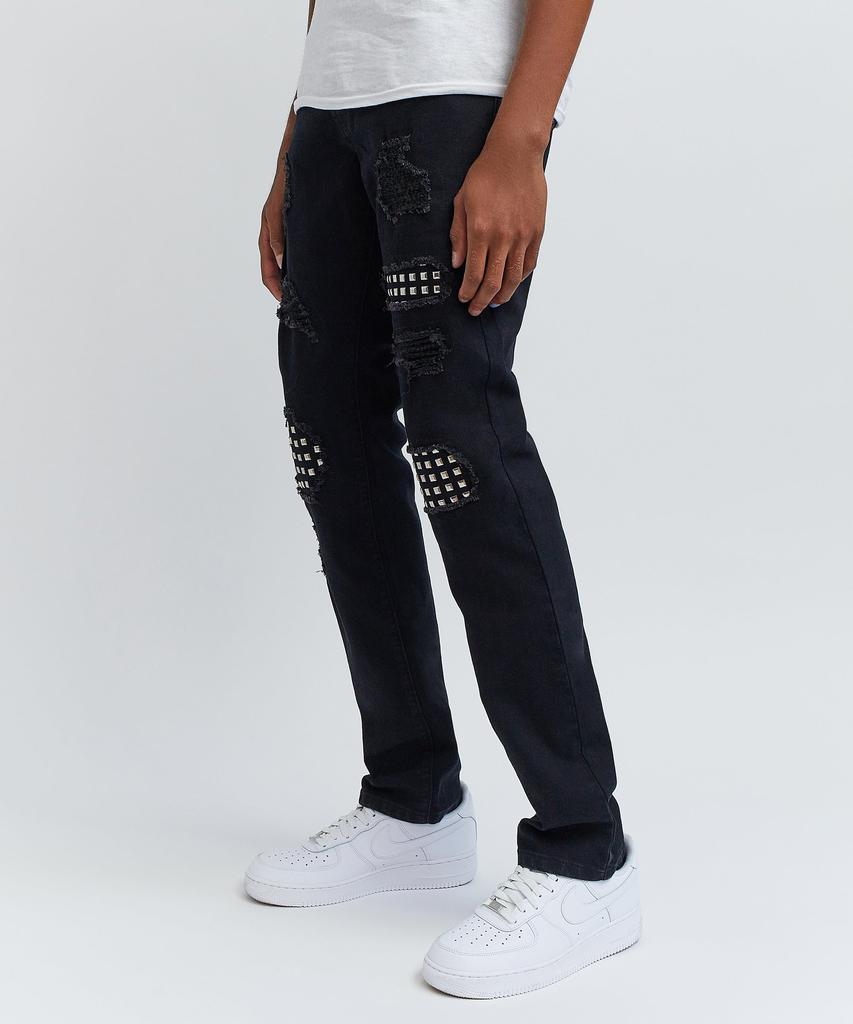 Jace Studded Rip And Repair Slim Fit Black Denim Jeans商品第4张图片规格展示