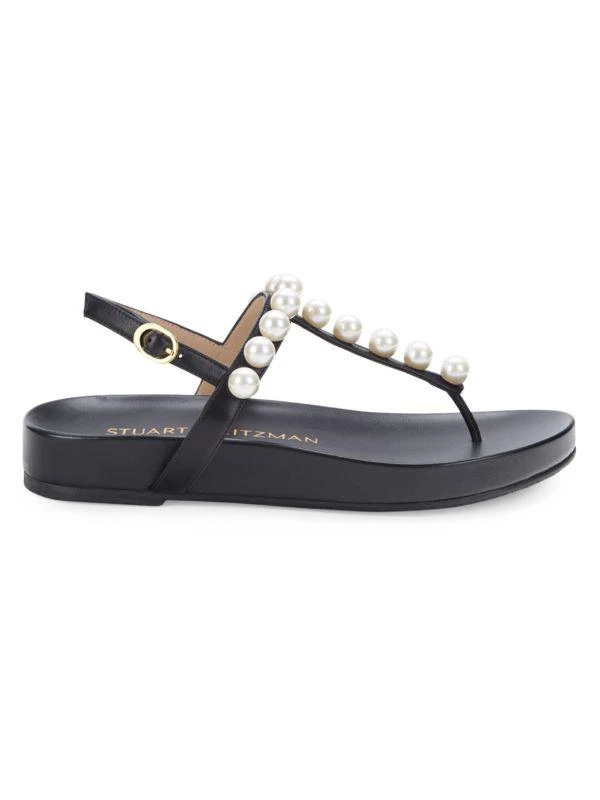 商品Stuart Weitzman|Faux Pearl-Embellished Leather T-Strap Sandals,价格¥1263,第1张图片