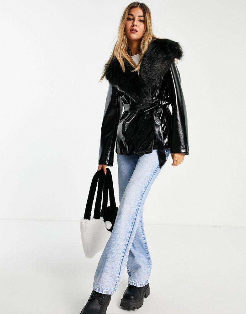 Topshop PU & faux fur trim short belted coat in black商品第4张图片规格展示