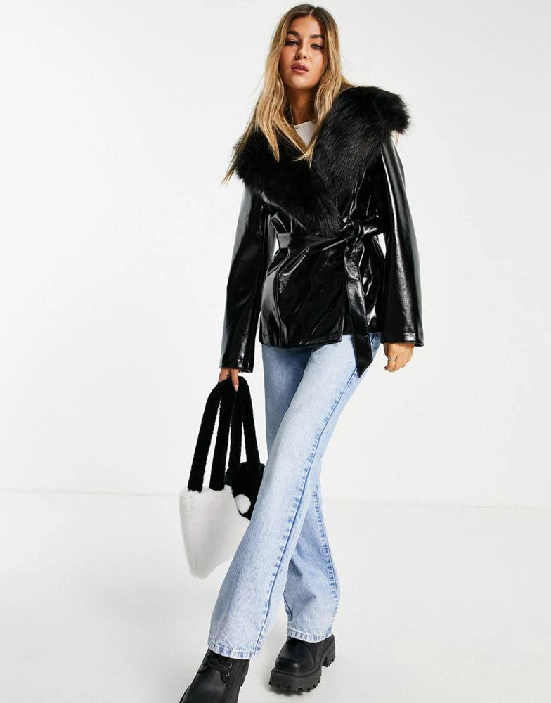 商品Topshop|Topshop PU & faux fur trim short belted coat in black,价格¥446,第4张图片详细描述