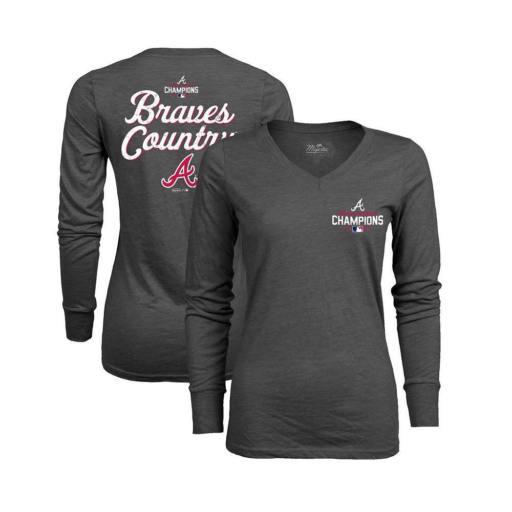 商品Majestic|Women's Threads Charcoal Atlanta Braves 2021 World Series Champions Hometown Long Sleeve V-Neck T-shirt,价格¥243,第4张图片详细描述