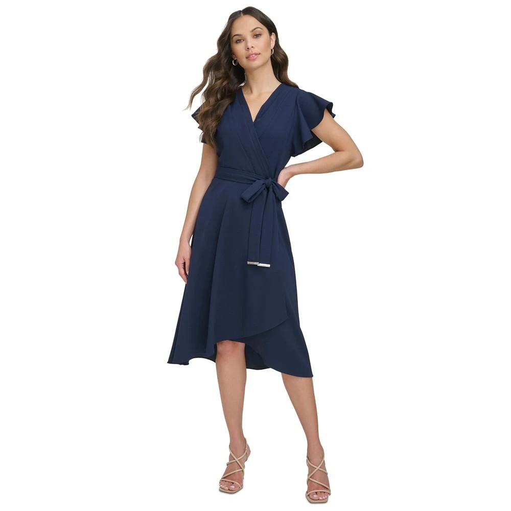 商品DKNY|Women's Flutter-Sleeve Tie-Waist Faux-Wrap Dress,价格¥598,第1张图片