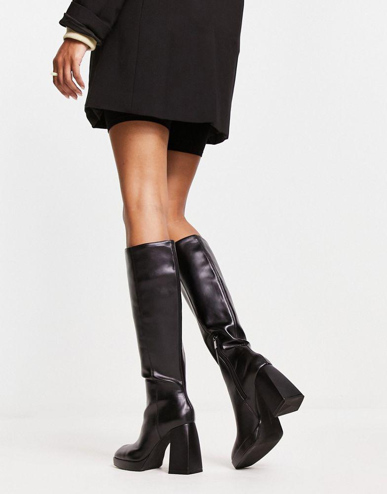 Bershka knee high platform boots in black pu商品第3张图片规格展示