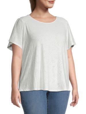 商品Tahari|Plus Eyelet Embroidered Top,价格¥144,第1张图片