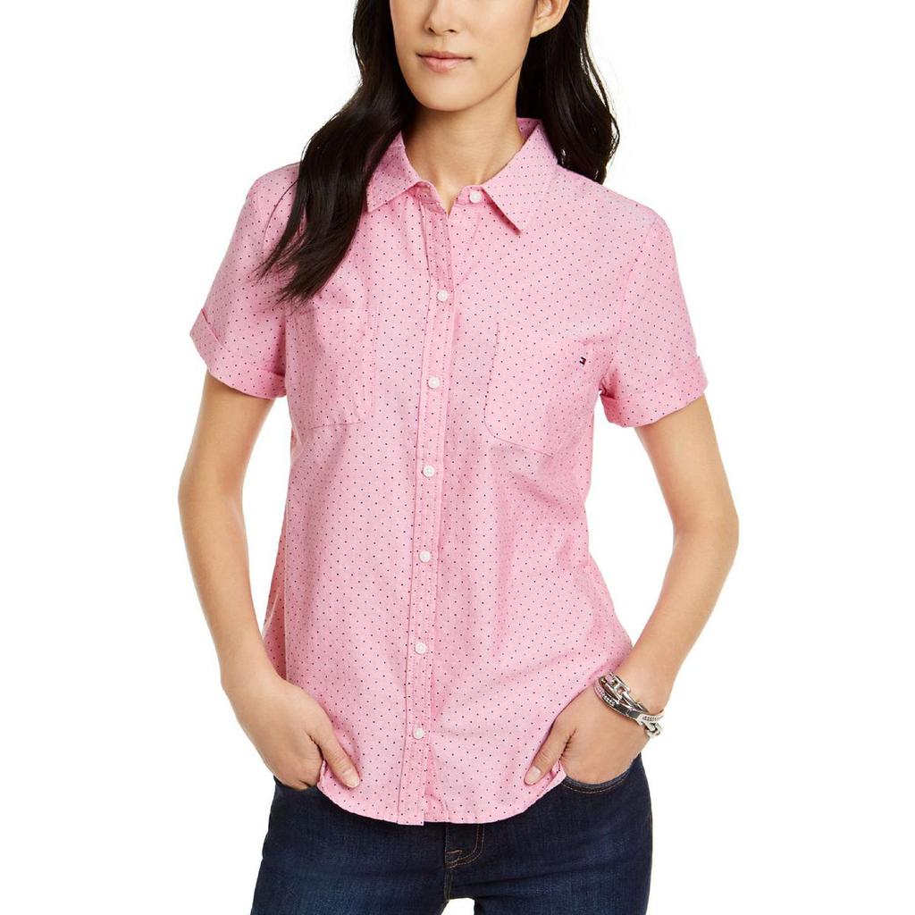 Tommy Hilfiger Womens Camp 100% Cotton Pindot Button-Down Top商品第1张图片规格展示