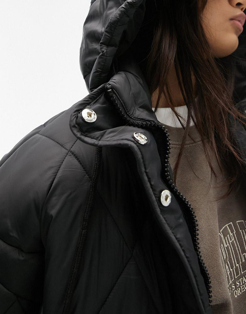 Topshop longline quilted hooded puffer jacket in black商品第2张图片规格展示