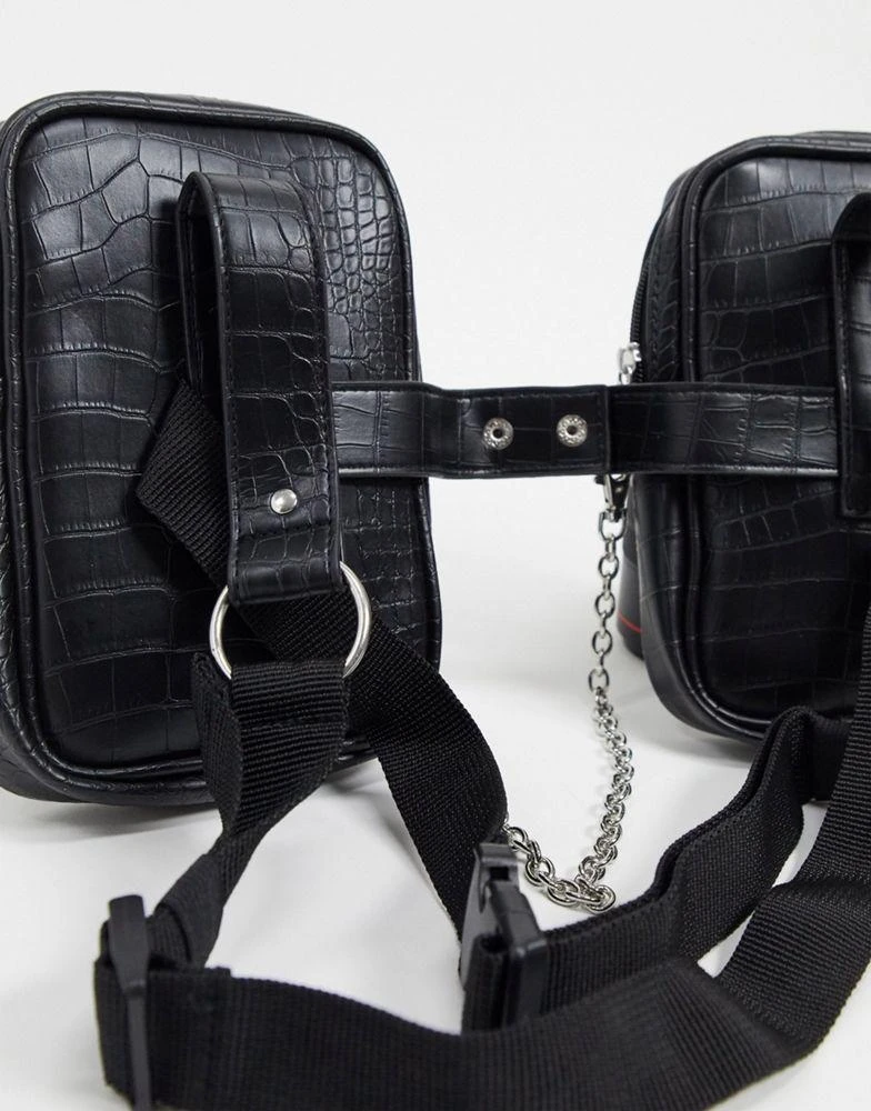 商品ASOS|ASOS DESIGN chest harness bag in black faux leather croc emboss and chain detail,价格¥75,第3张图片详细描述
