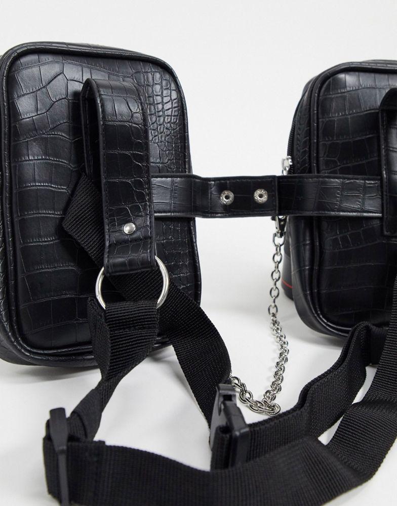 商品ASOS|ASOS DESIGN chest harness bag in black faux leather croc emboss and chain detail,价格¥69,第5张图片详细描述