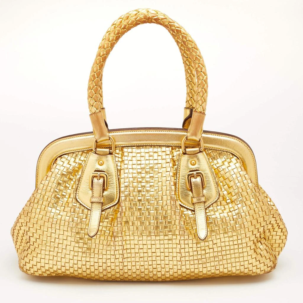 商品[二手商品] Prada|Prada Metallic Gold Woven Madras Leather Frame Satchel,价格¥2962,第4张图片详细描述