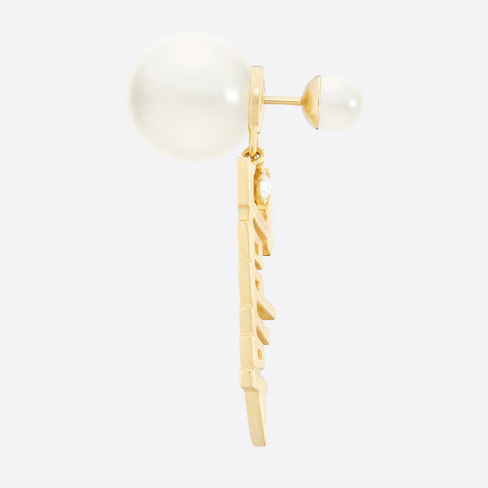 DIOR E1576TRIRS-D301 女士金色饰面金属和白色树脂珠饰搭配白色仿水晶装饰耳环商品第4张图片规格展示