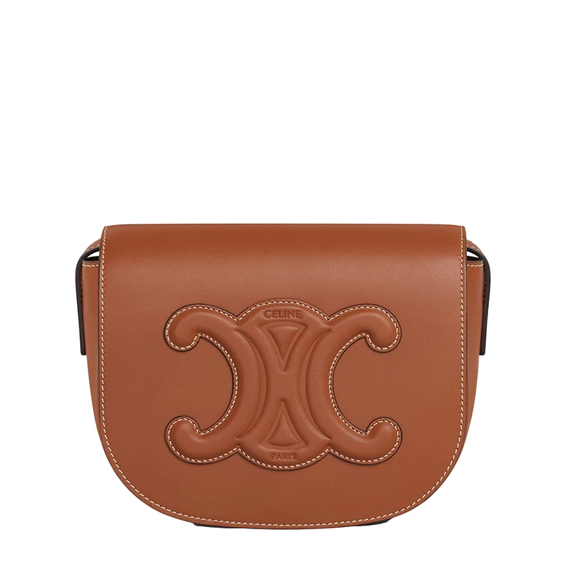 商品Celine|CELINE/赛琳   CUIR TRIOMPHE系列 女士棕褐色光滑小牛皮凯旋印花斜挎单肩Folco马鞍包,价格¥15436,第1张图片