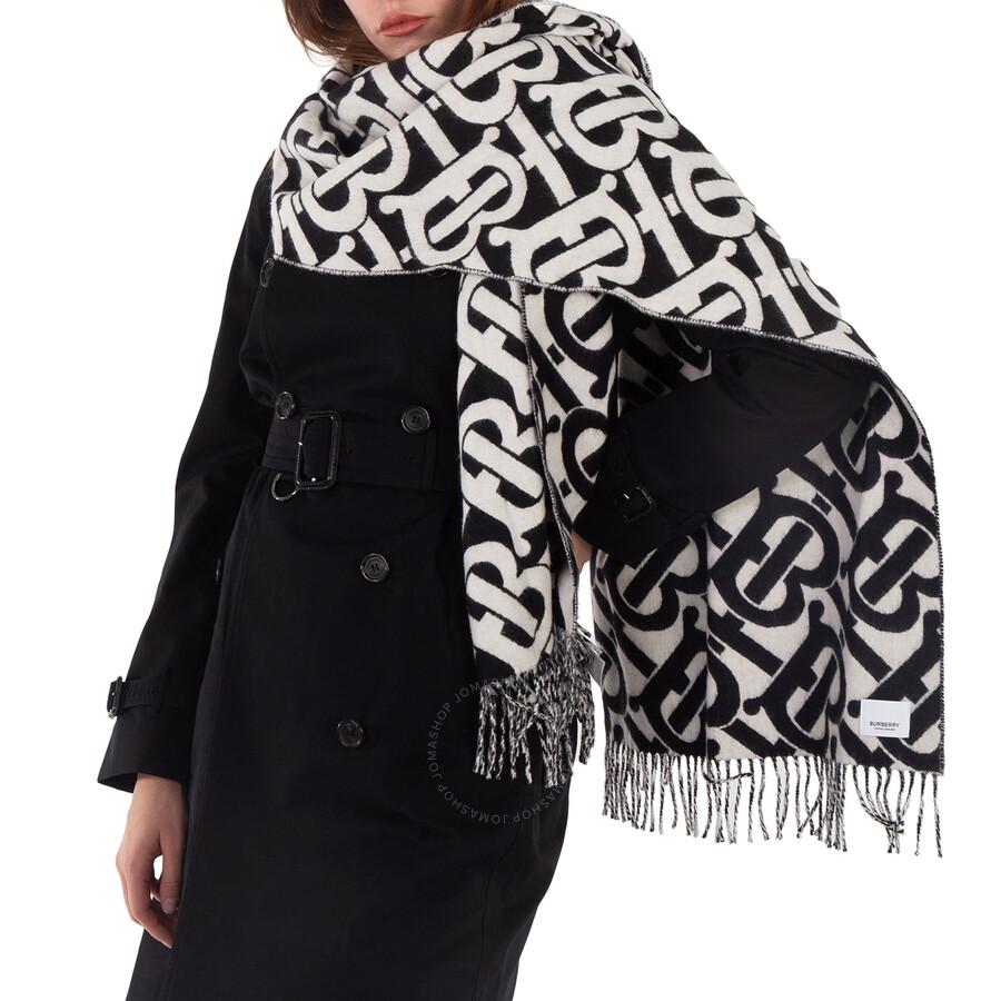 Burberry Black / White Monogram Cashmere Scarf - Scarves