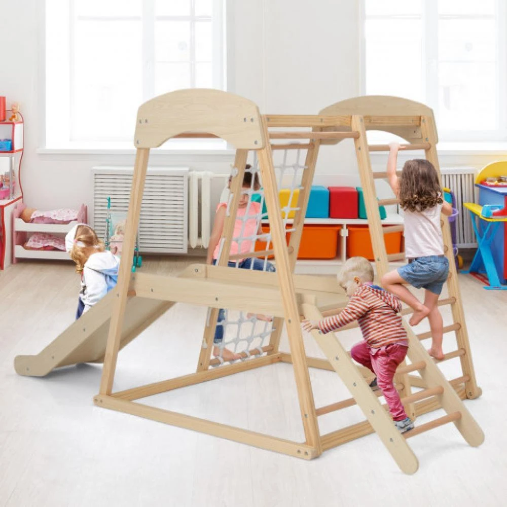 6-in-1 Indoor Jungle Gym Kids Wooden Playground with Monkey Bars-Multicolor 商品