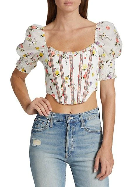 商品Alice + Olivia|Audie Floral Puff-Sleeve Corset Top,价格¥797,第3张图片详细描述