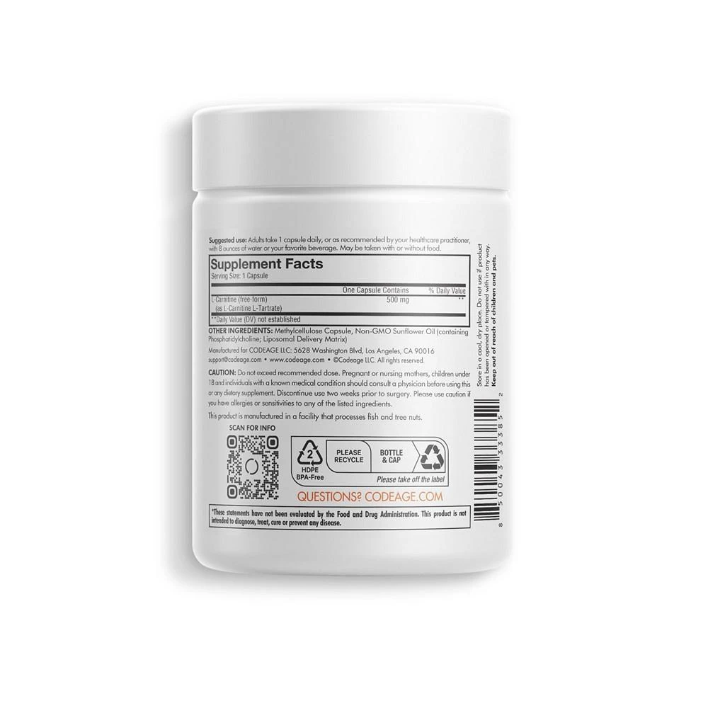 商品Codeage|Liposomal L-Carnitine 500mg Supplement, 3-Month Supply, Free Form Amino Acid, Non-GMO - 90 ct,价格¥261,第3张图片详细描述