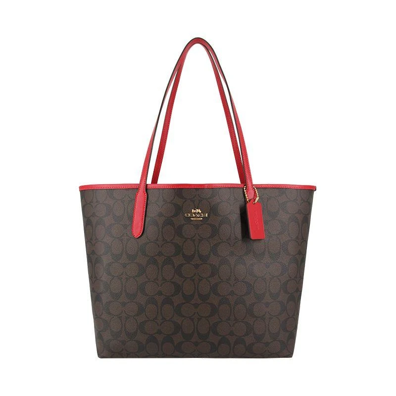 商品Coach|美国直邮COACH蔻驰女士CITY托特包大容量单肩包时尚购物袋深棕配红边,价格¥2641,第1张图片