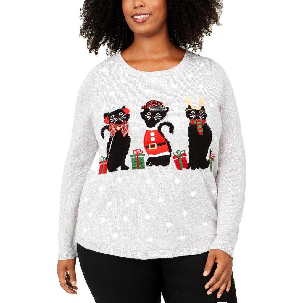 Karen Scott Womens Plus Cats Graphic Knit Christmas Sweater商品第1张图片规格展示