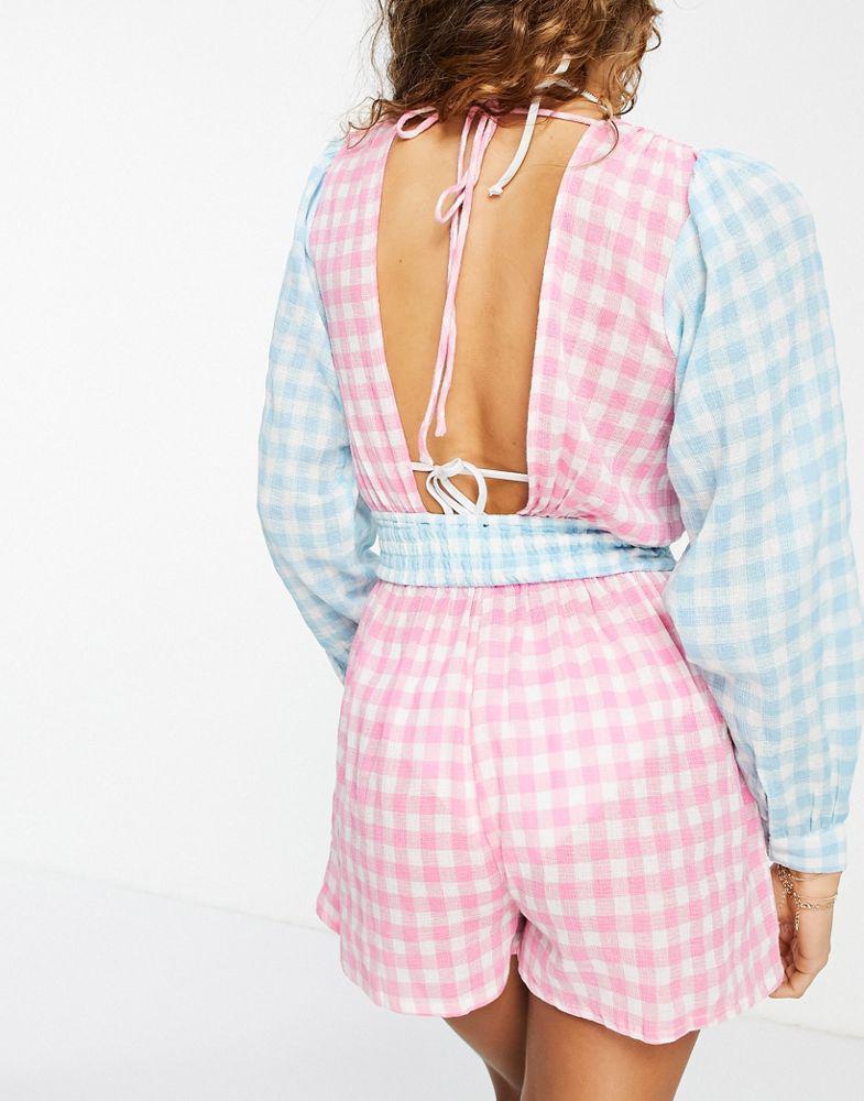 商品ASOS|ASOS DESIGN plunge beach playsuit in mixed gingham print,价格¥104,第5张图片详细描述