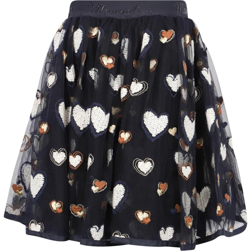 商品MONNALISA|Embroidered love hearts logo mesh skirt in navy,价格¥2045,第2张图片详细描述