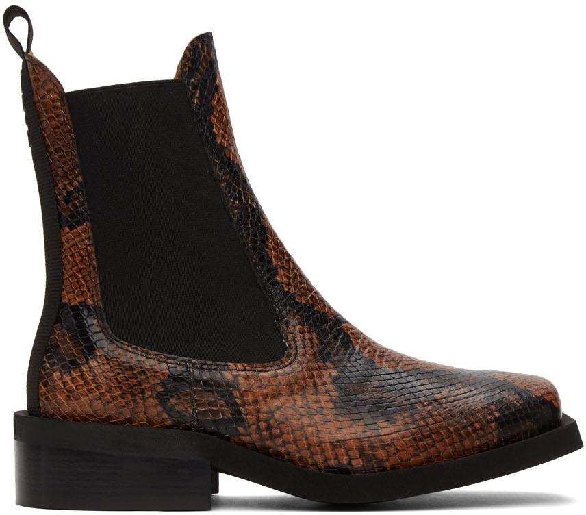 Brown Embossed Snake Chelsea Boots商品第1张图片规格展示