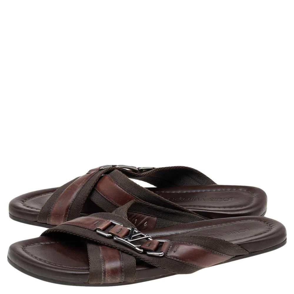 商品[二手商品] Louis Vuitton|Louis Vuitton Brown Leather And Fabric Cross Strap Logo Flat Sandals Size 40,价格¥1648,第4张图片详细描述