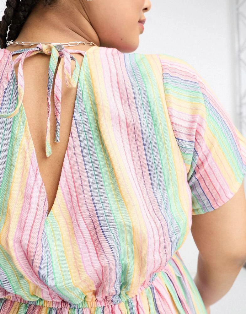 商品Daisy Street|Daisy Street Plus linen mini smock dress in rainbow stripe,价格¥373,第4张图片详细描述