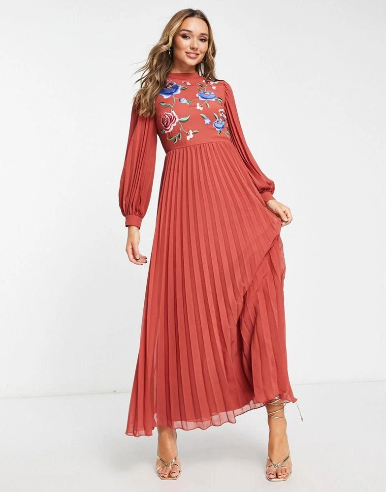 商品ASOS|ASOS DESIGN high neck pleated embroidery maxi dress in rust,价格¥404,第1张图片