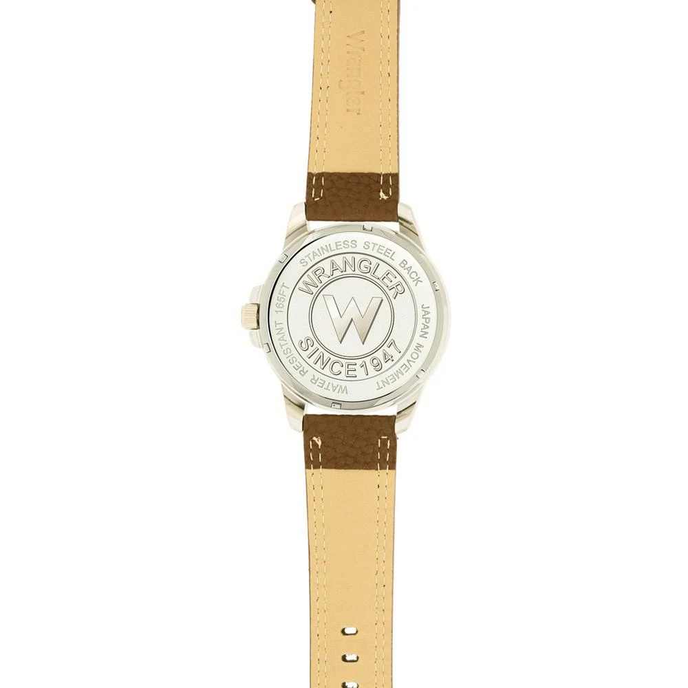 商品Wrangler|Men's Watch, 46MM Silver Colored Case with Embossed Arabic Numerals on Bezel, Ivory Sunray Dial, Silver Index Markers, Analog, Brown Strap,价格¥415,第4张图片详细描述