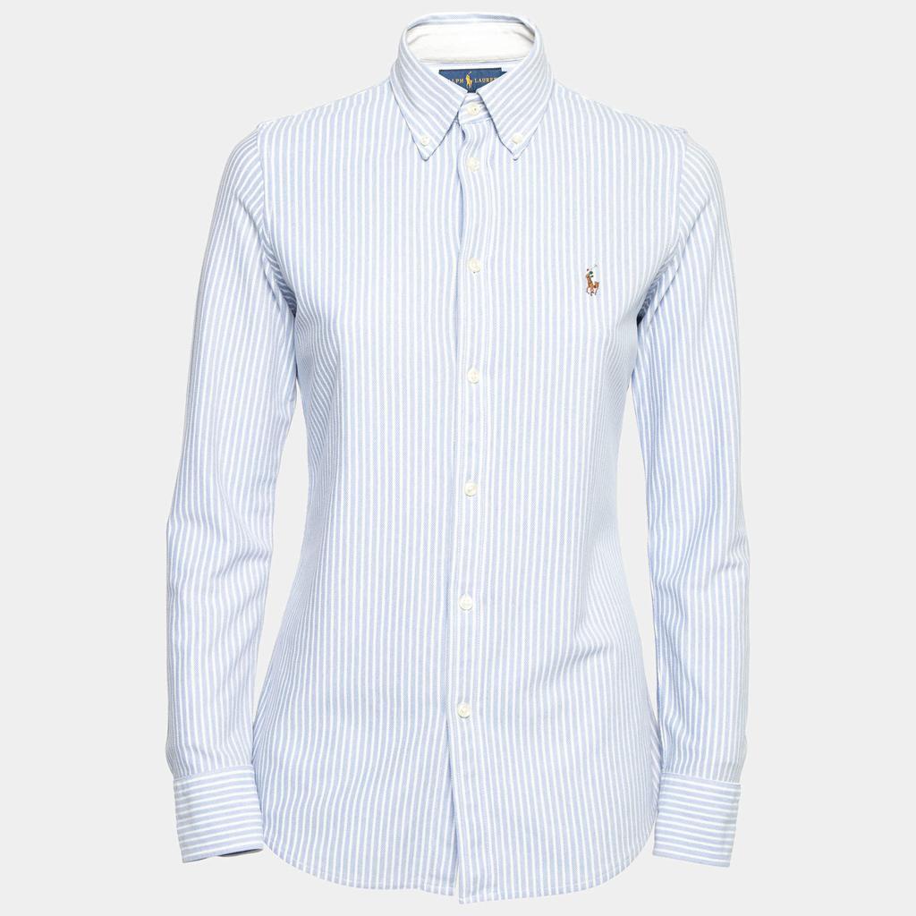 商品[二手商品] Ralph Lauren|Ralph Lauren Blue Striped Knit Oxford Button Front Polo Shirt M,价格¥1008,第1张图片