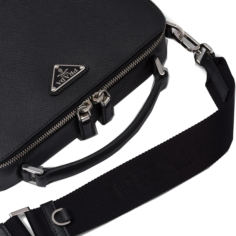 PRADA/普拉达 22春夏新款Brique系列 男士黑色Saffiano皮革银扣三角徽标配织物肩带单肩斜跨包手提包2VH069_9Z2_F0002_V_YMI 商品