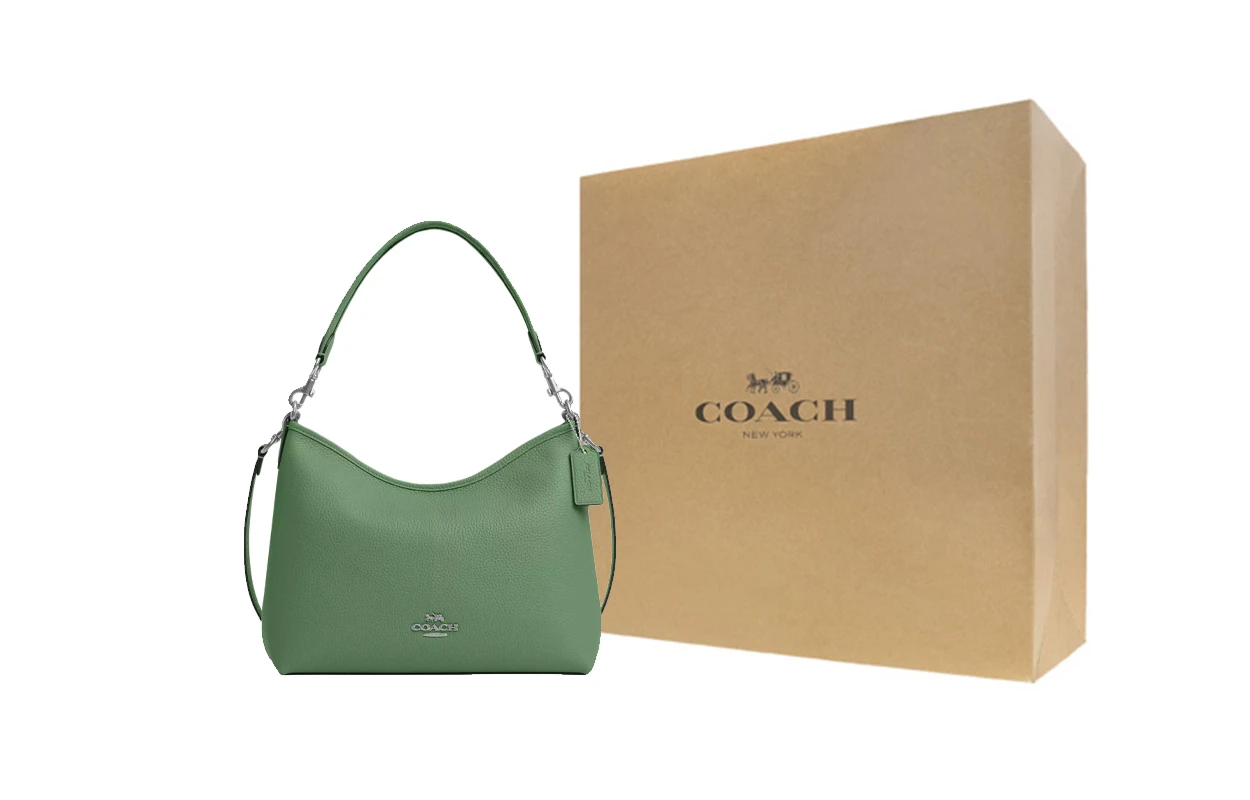 商品[国内直发] Coach|蔻驰 Laurel 31 徽标Logo拉链开合 鹅卵石皮革 手提斜挎单肩包 大号 女款 银色拼浅绿色,价格¥1769,第5张图片详细描述