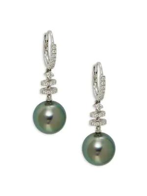18K White Gold, 11MM Tahitian Cultured Pearl & Diamond Drop Earrings商品第1张图片规格展示