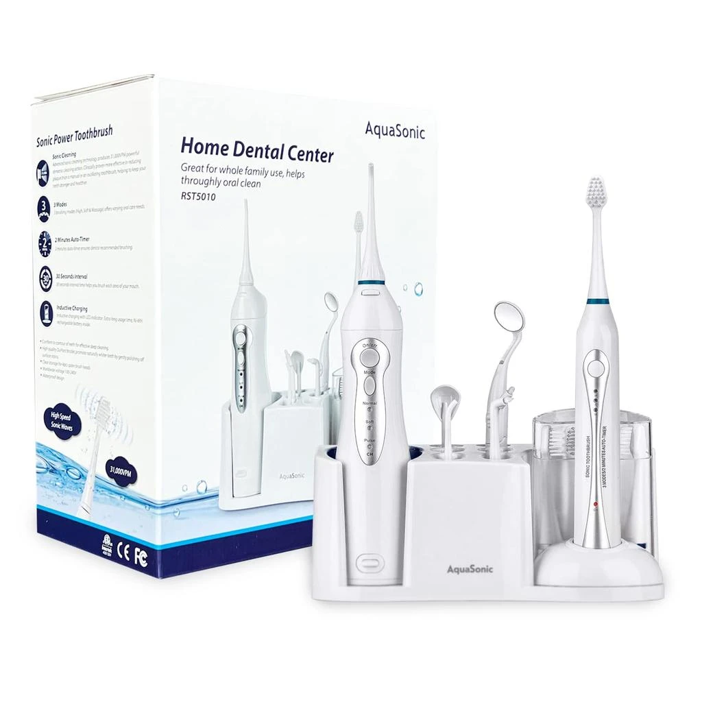 商品AquaSonic|AquaSonic Home Dental Center Rechargeable Power Toothbrush & Smart Water Flosser - Complete Family Oral Care System - 10 Attachments and Tips Included - Various Modes & Timers (White),价格¥503,第1张图片