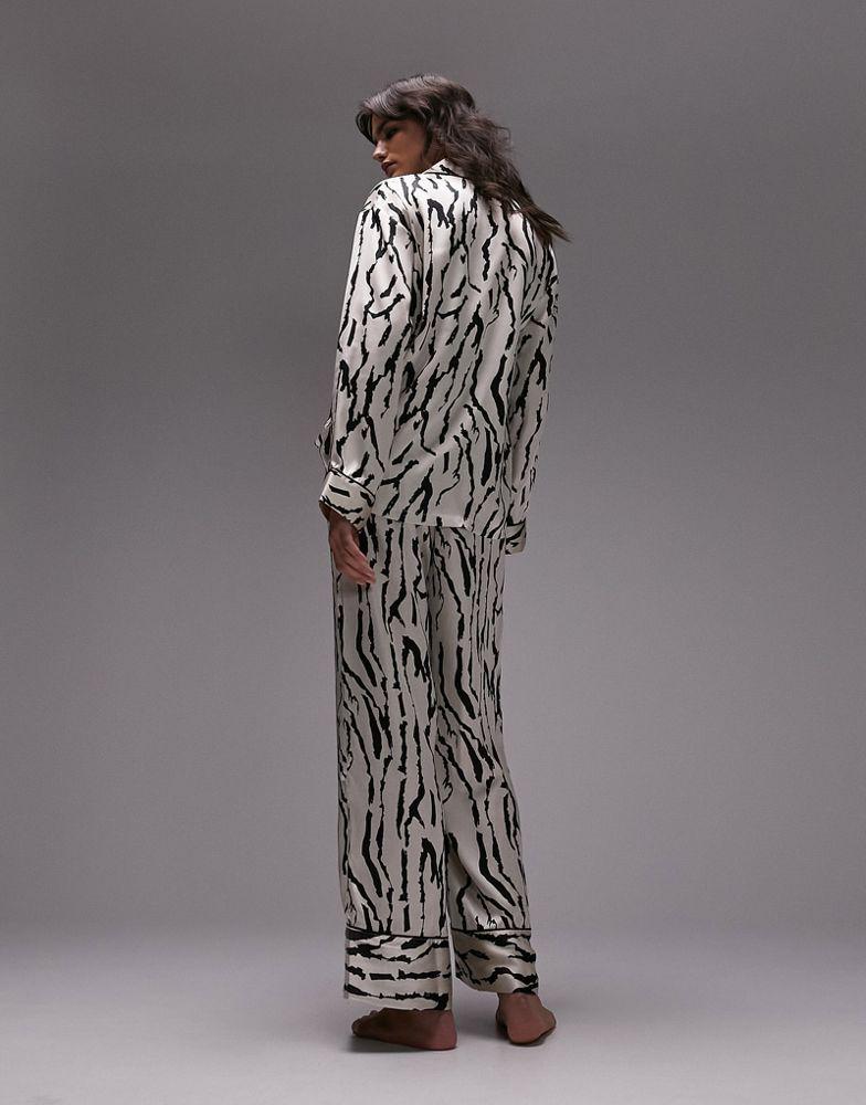 Topshop abstract tiger print satin piped shirt and trouser pyjama set in ivory商品第2张图片规格展示
