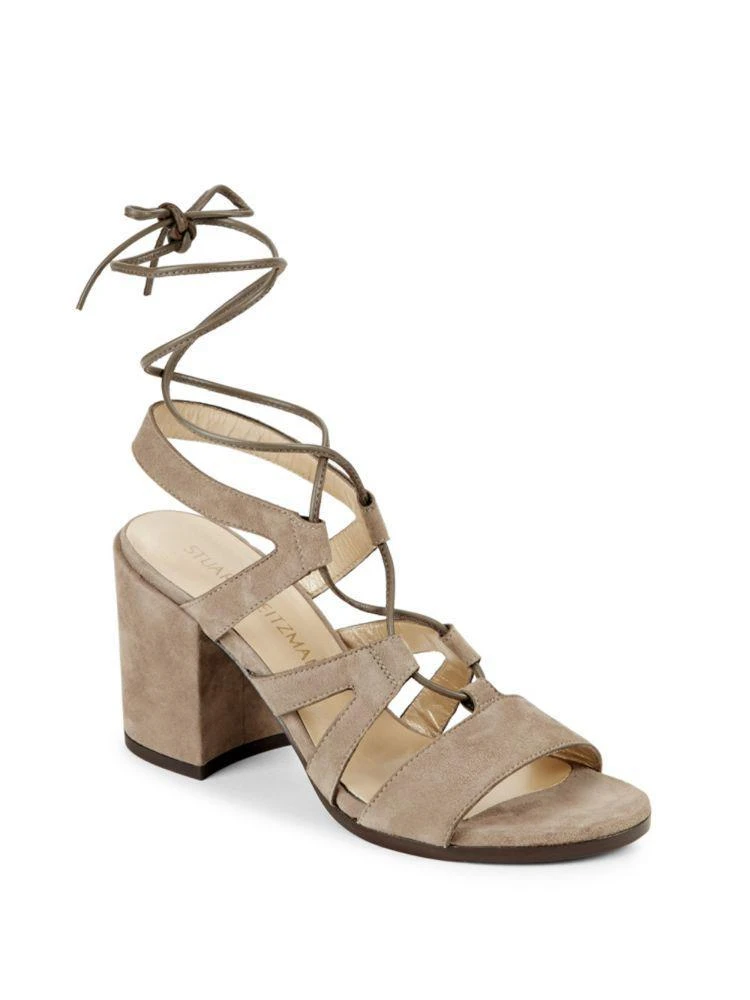 商品Stuart Weitzman|Tiegirlbingo Suede Lace-Up Block Heel Sandals,价格¥944,第1张图片