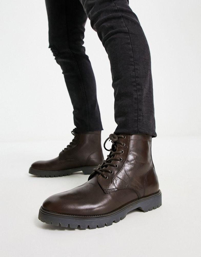 ASOS DESIGN lace up boots in brown leather with chunky sole商品第3张图片规格展示