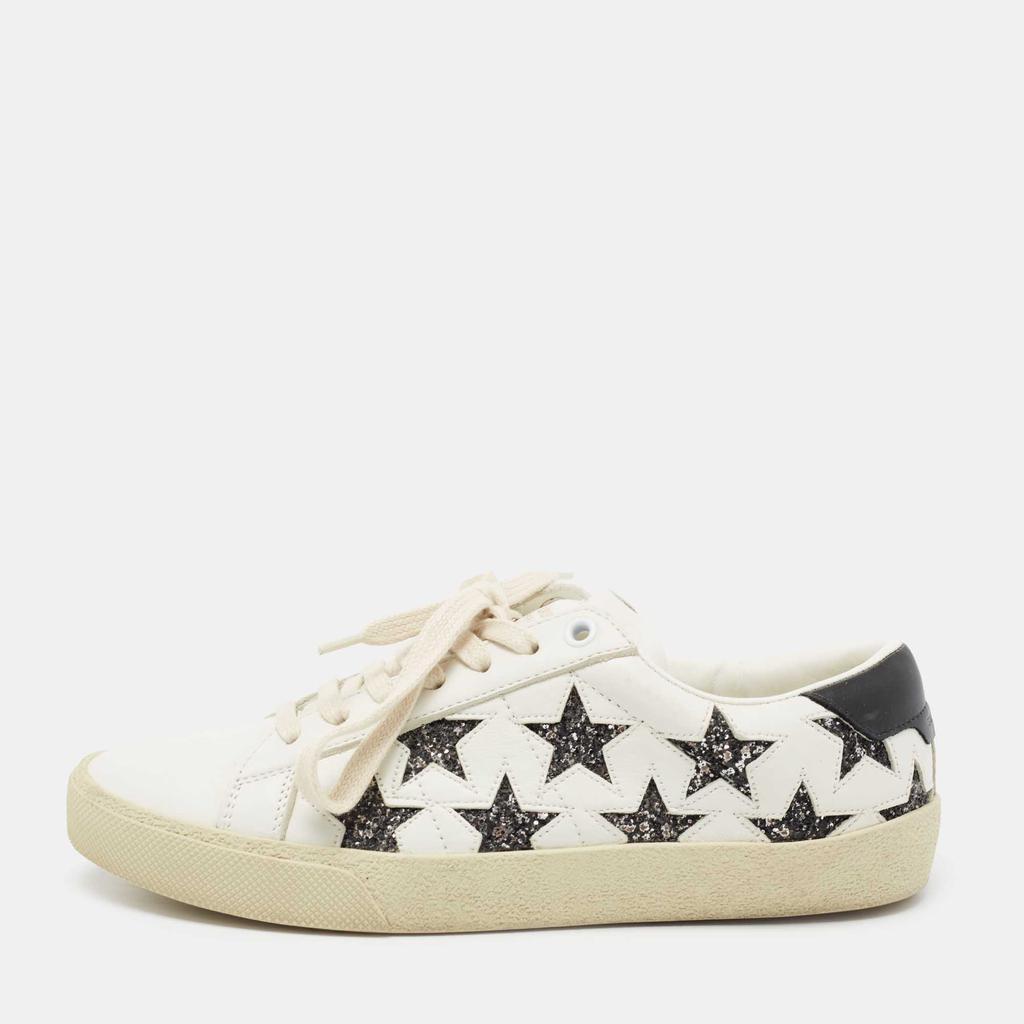 商品[二手商品] Yves Saint Laurent|Saint Laurent White/Black Leather  And Glitter Star Patch Low Top Sneakers Size  37,价格¥2766,第1张图片