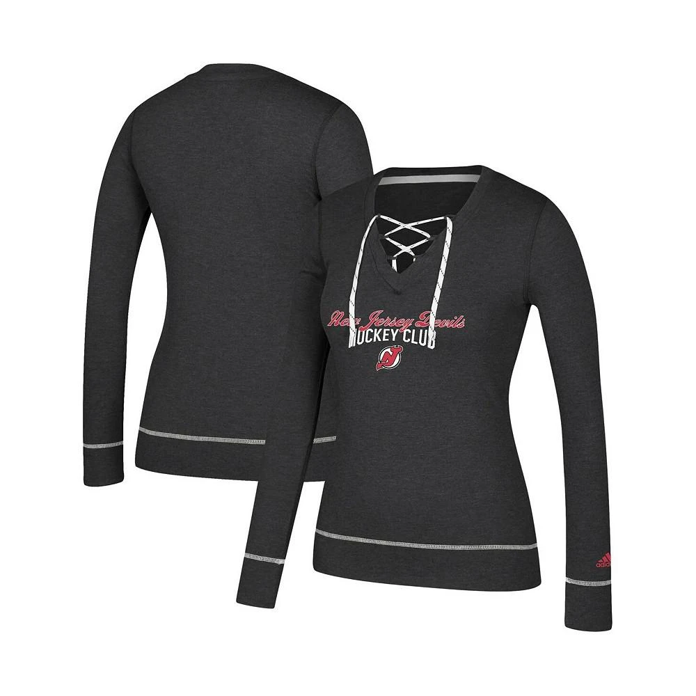 商品Adidas|Women's Heathered Black New Jersey Devils Skate Through Long Sleeve Lace-Up V-Neck T-shirt,价格¥339,第1张图片