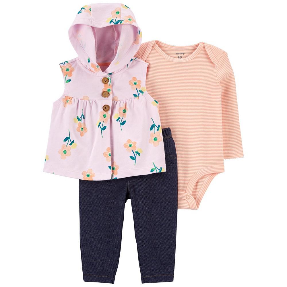 Baby Girls Floral Vest, Bodysuit and Pant Set, 3 Piece商品第1张图片规格展示